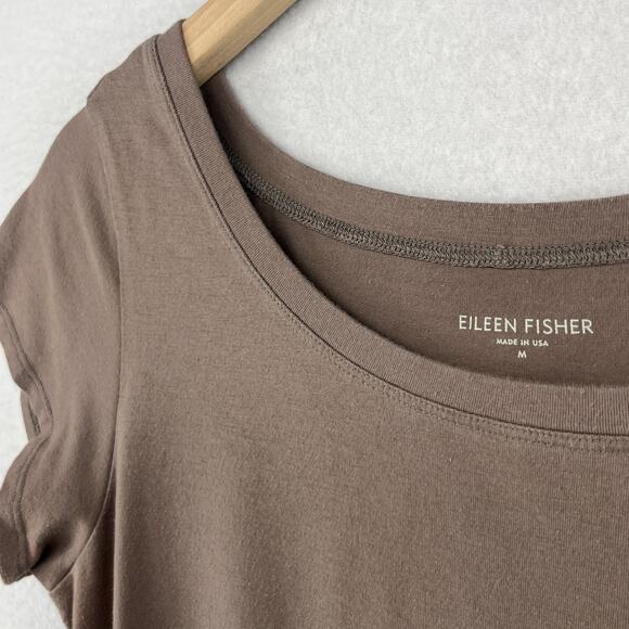 EILEEN FISHER Dress M Organic Cotton Stretch Jersey Scoop Neck Midi Brown USA - Picture 7 of 13